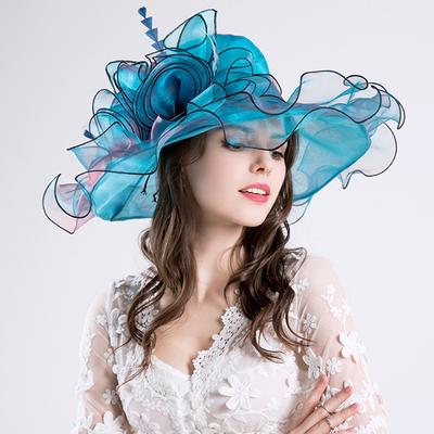 Wide Brim Organza Sun Hat Trendy Mesh Flower Church Wedding Derby Hat Breathable Outdoor Travel Beach Hats for Women