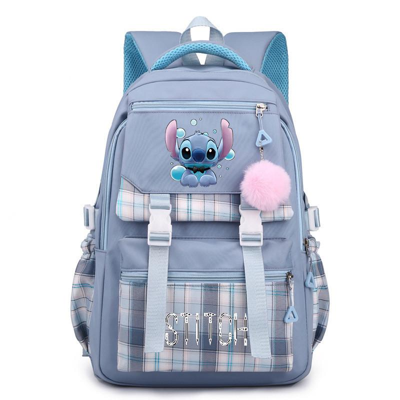 Cute Girl Backpack For School With Stitch Print And Checkered Patchwork Design For Middle School Students