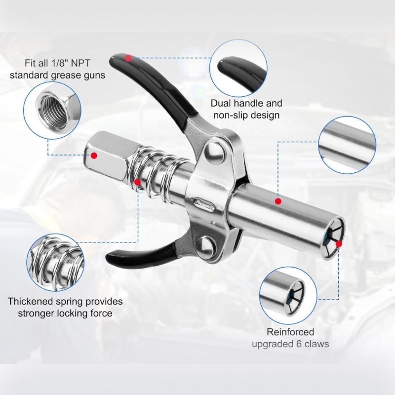 Grease Guns Needle Nozzle Couplers Adapter Lubrication Tool with Double Handle for Hard To Reach Fittings Repair Shops