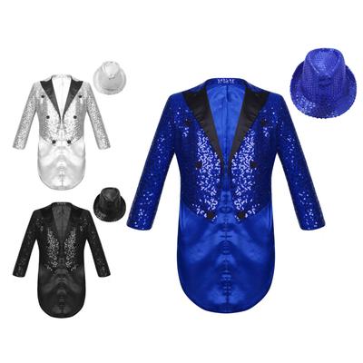 Kids Boys Jazz Dance Performance Outfit Carnival Circus Magician Cosplay Costume Long Sleeve Sequin Blazer Tailcoat with Hat