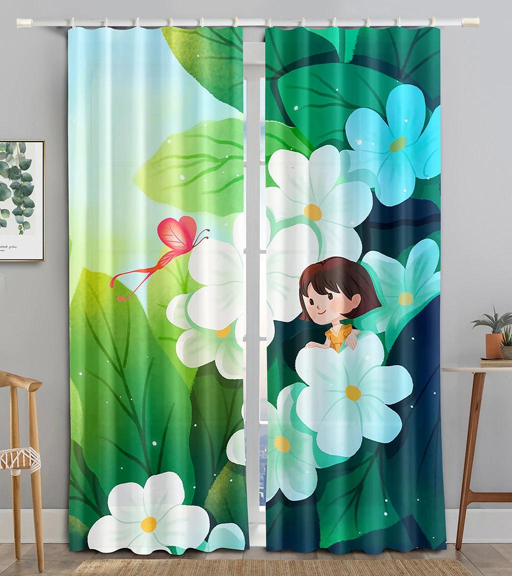 

Мультяшная Девочка Розовые Розы Тюльпаны Белые Лилии Цветами Штора Детская Спальня 2 Панели Высокое Солнцезащитное Модная Разноцветный Узор W55 X H120cm X 2&HOOK