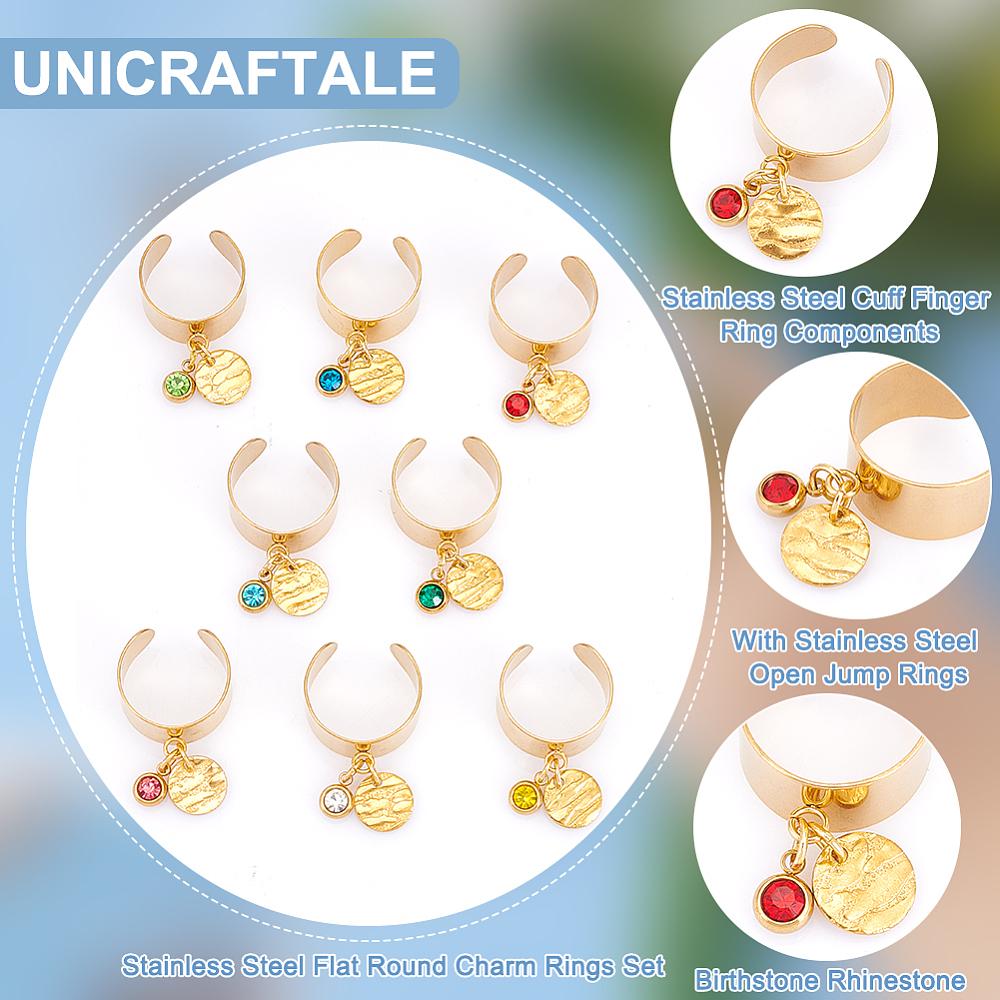 8Pcs 8 Color Birthstone Rhinestone & 201 Stainless Steel Flat Round Charm Rings Set 304 Stainless Steel Open Cuff Rings Golden Inner Diameter: 17~18mm