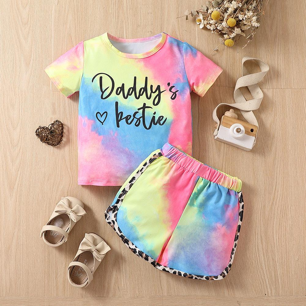 Girls' Summer Tie-Dye Leopard Print Patchwork Two-Piece Outfit