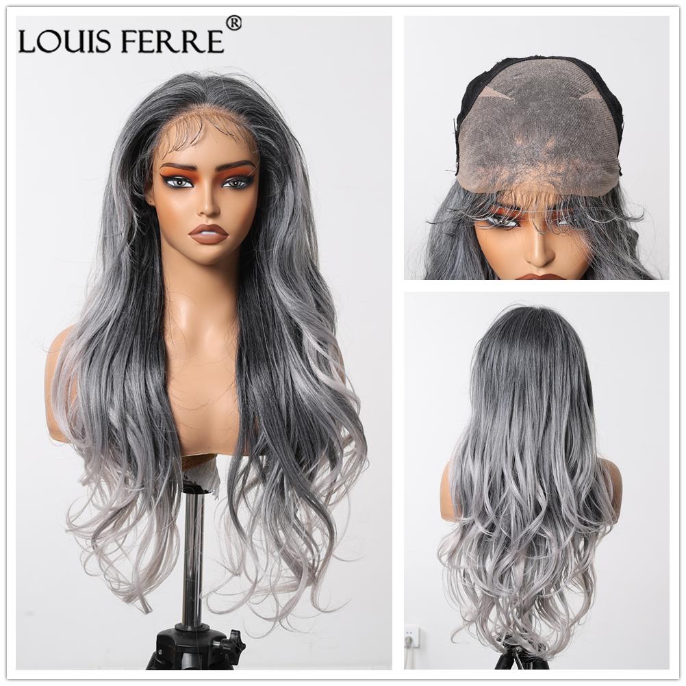 LOUIS FERRE HD 13x6 Lace Wigs Synthetic Black Wig Long Wavy Wigs with Baby Hair for Women Daily Party Heat Resistant Fiber Wigs