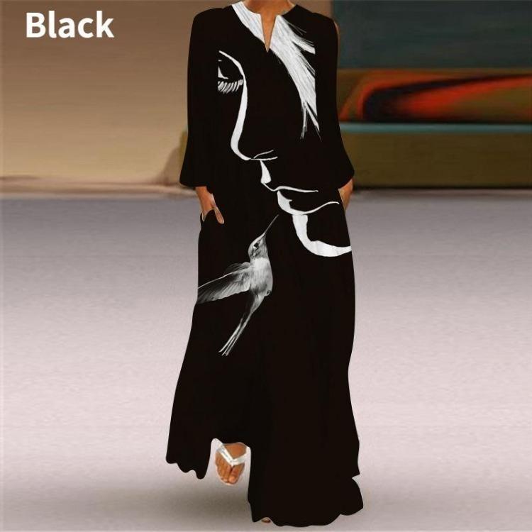 Fashion Graphic Print Long Sleeve Maxi Dress for Women V Neck Loose Casual Floor Length Dress with Pocket