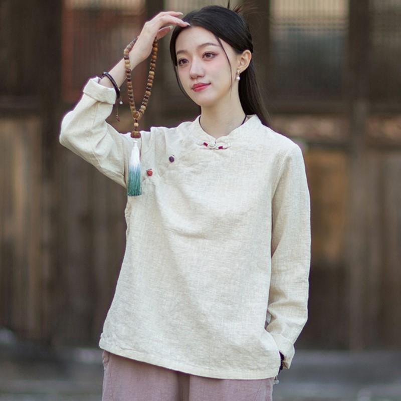 Johnature Women Vintage Shirts Stand Tops Spring Chinese Style Solid Color Long Sleeve Button Female Shirts