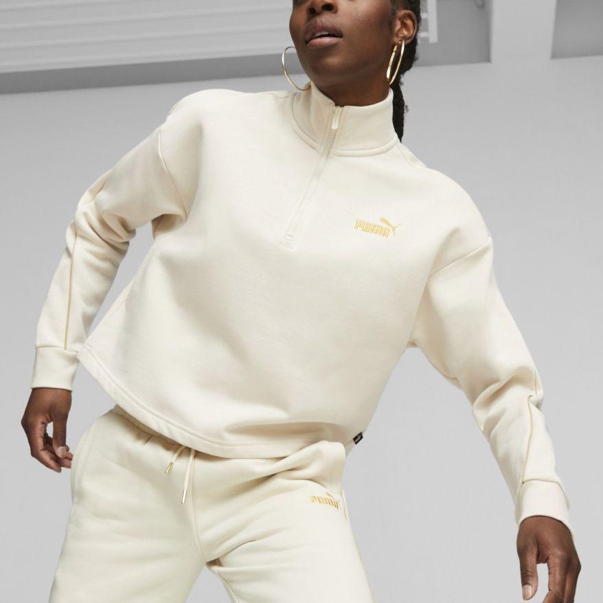 Puma Essentials+ Minimal Gold Half-Zip Mock Neck Fleece Sweatshirt Women Sweatshirt White 680020-87