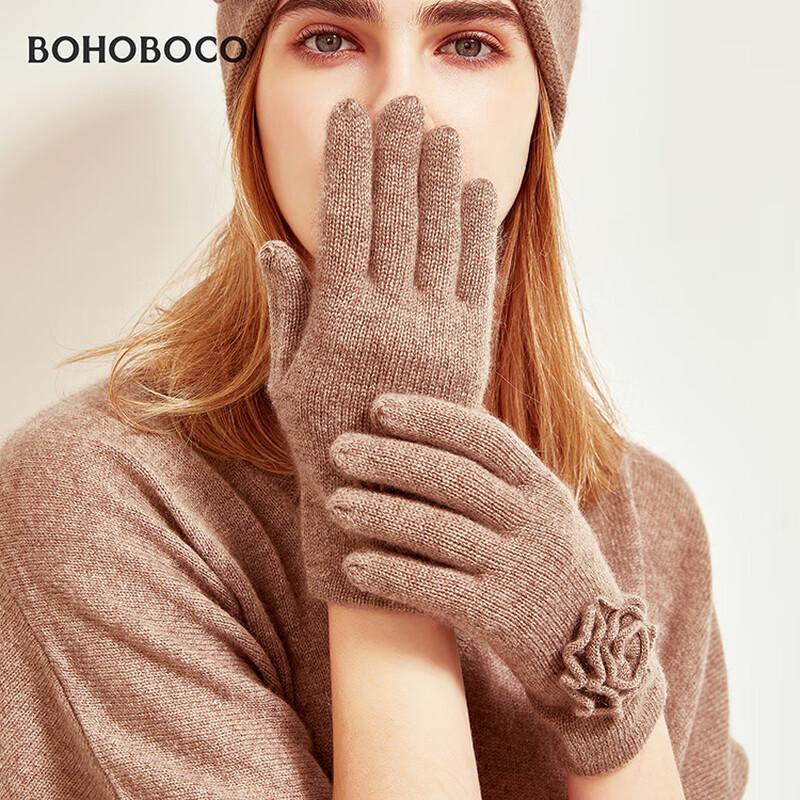 BOHOBOCO Women's 100% Cashmere Rose Pattern Winter Gloves