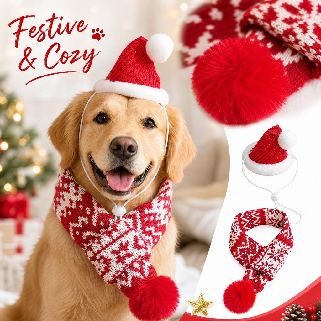 Christmas Pet Hat and Scarf Set for Medium to Large Dogs and Cats, Warm Neck Warmer Holiday Accessory, Size L
