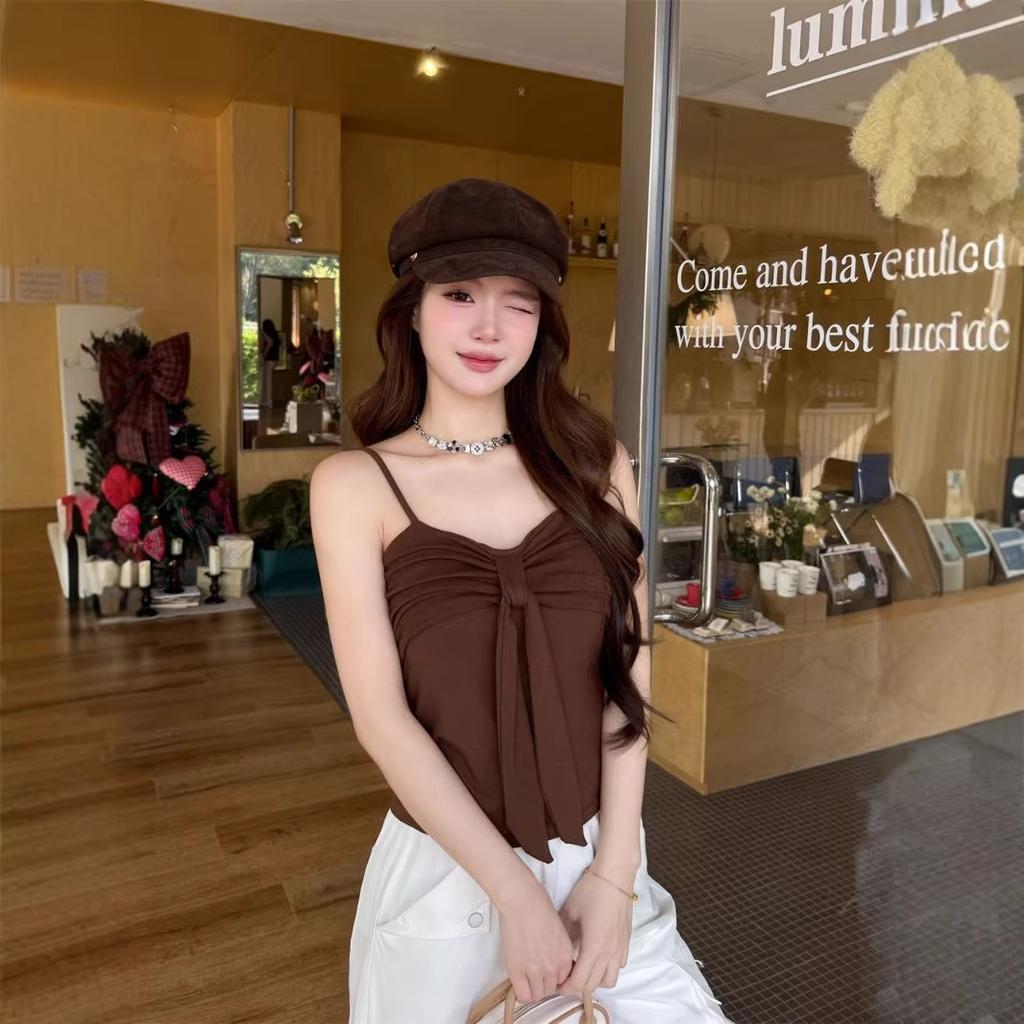 Sweet Spice Girl Bow Strap Pleated Suspender Vest Women's Spring and Summer Design V-Neck Slim Fit with Chest Pad Sleeveless Top