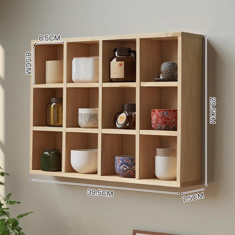 Wall-Mounted Solid Wood Display Cabinet with Twelve Compartments