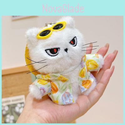 Plush Cat Keychain With Flower Shirt And Sunglasses Design For Cute Gift And Bag Decoration