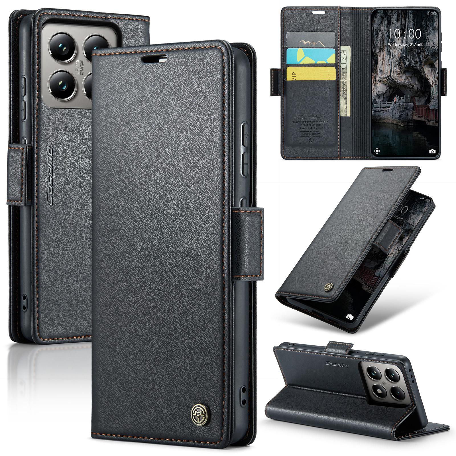 

For Xiaomi 14T Pro Leather Case CASEME 023 RFID Blocking 3 Card Slot Mobile Cover Black