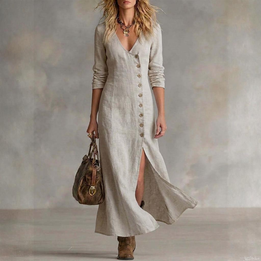Women's Fashionable Casual Cotton-Linen Long-Sleeve Button-Down Dress