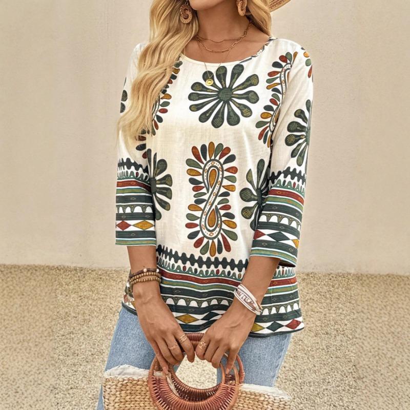New Summer Women's Casual Loose and Versatile Round Neck Printed Three-quarter Sleeve Top