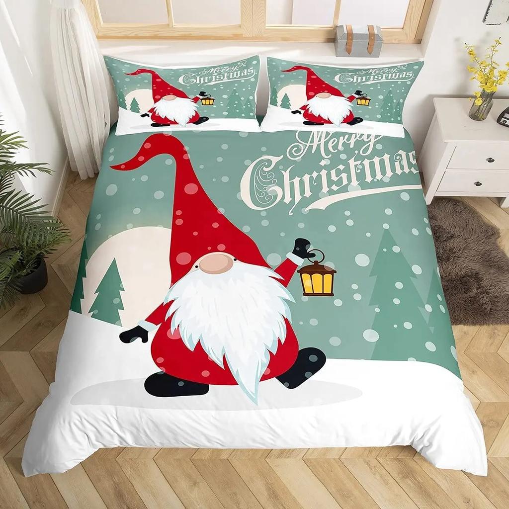 Xmas Duvet Scandinavian Christmas Santa Gnomes Comforter Cover Snowing Santa Claus Bedding Sets Romantic Candlelight Quilt Cover