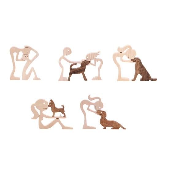 Hand Carved Wood Human And Dog Figurine Handmade Wooden Men Women Puppy Statue for Office Home Decor Decorative Sculpture for Dog Lovers