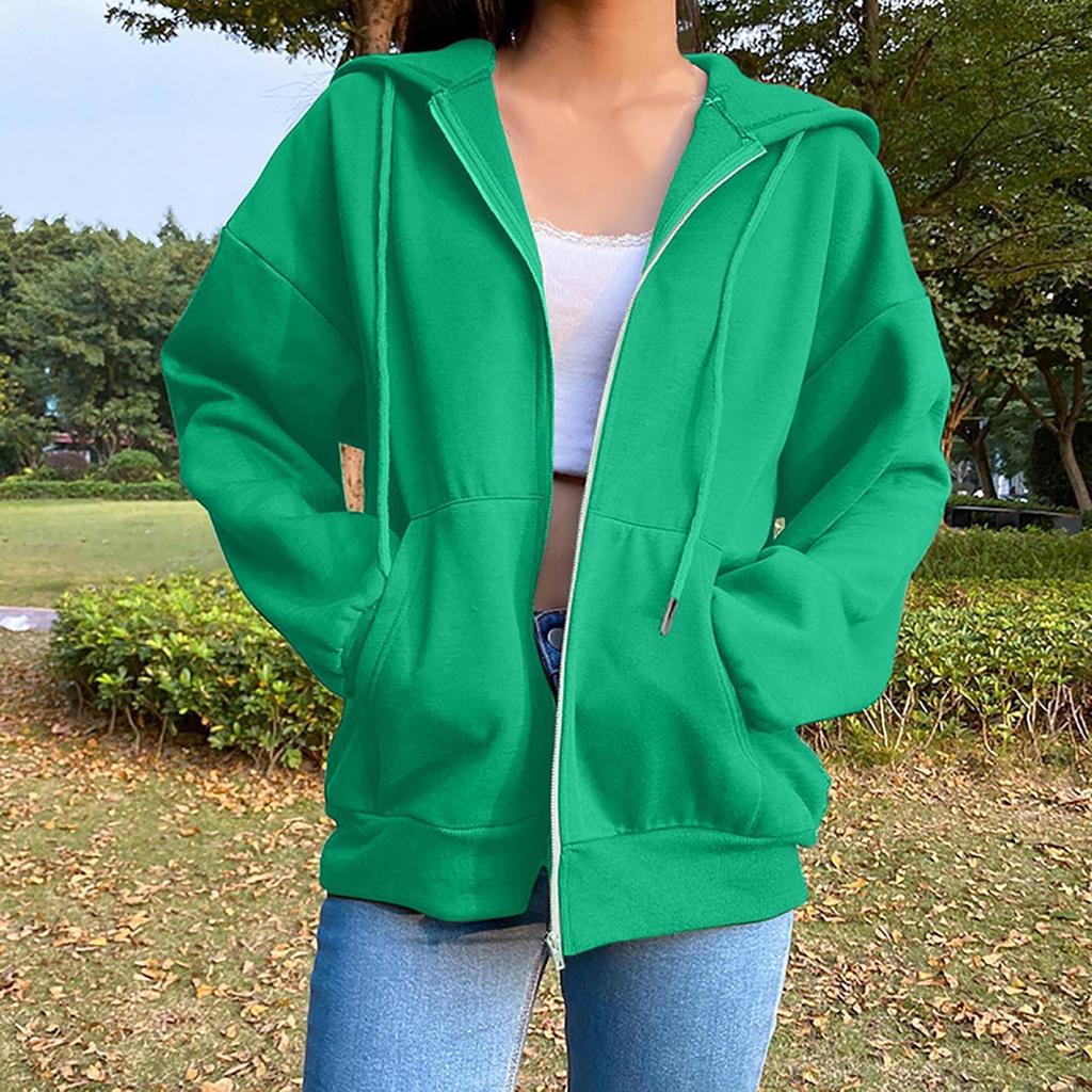 Women's Fashion Casual Solid Color Sweatshirt Autumn/Winter Long Sleeve Pocket Cardigan Jacket Zipper Hoodie Coat