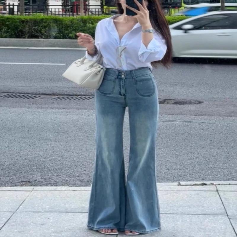 

«Женские узкие расклешенные джинсы с высокой талией — тренд весны/осени 2025 года, маленький размер, эластичный и свободный крой» S синий