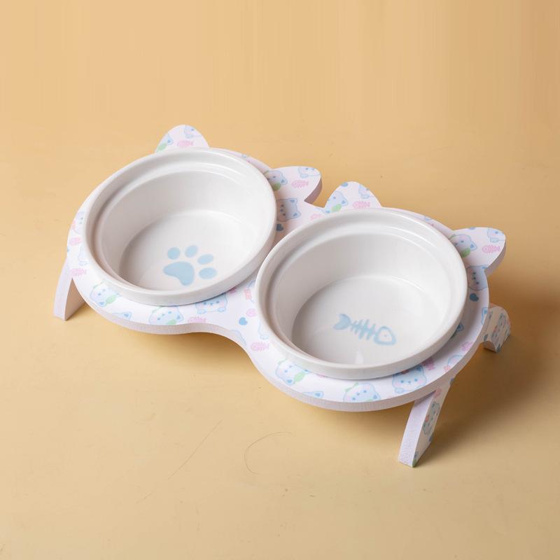 3pcs/set (1pc rack + 2pcs bowl) Non-Slip Ceramic Double Pet Food Bowl for Cats and Dogs - Prevents Spills and Slips