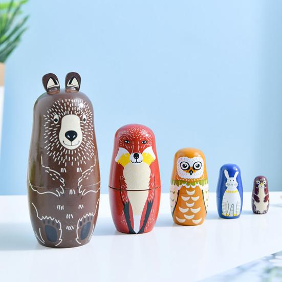 5Pcs/Set Animal Russian Nesting Doll 5 Layers Handmade Wooden Matryoshka Forest Animal Stacking Toy Home Office Desktop Decoration Ornament