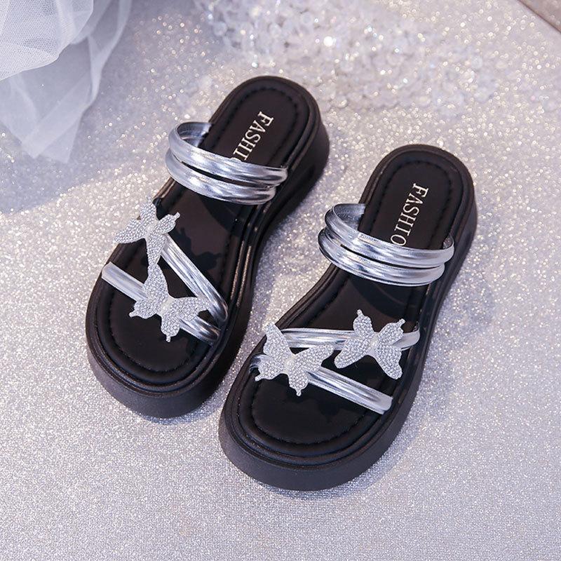 Rhinestone bow heightened thick-soled cool slippers female summer wear 2025 new fairy style with skirt two wear sandals