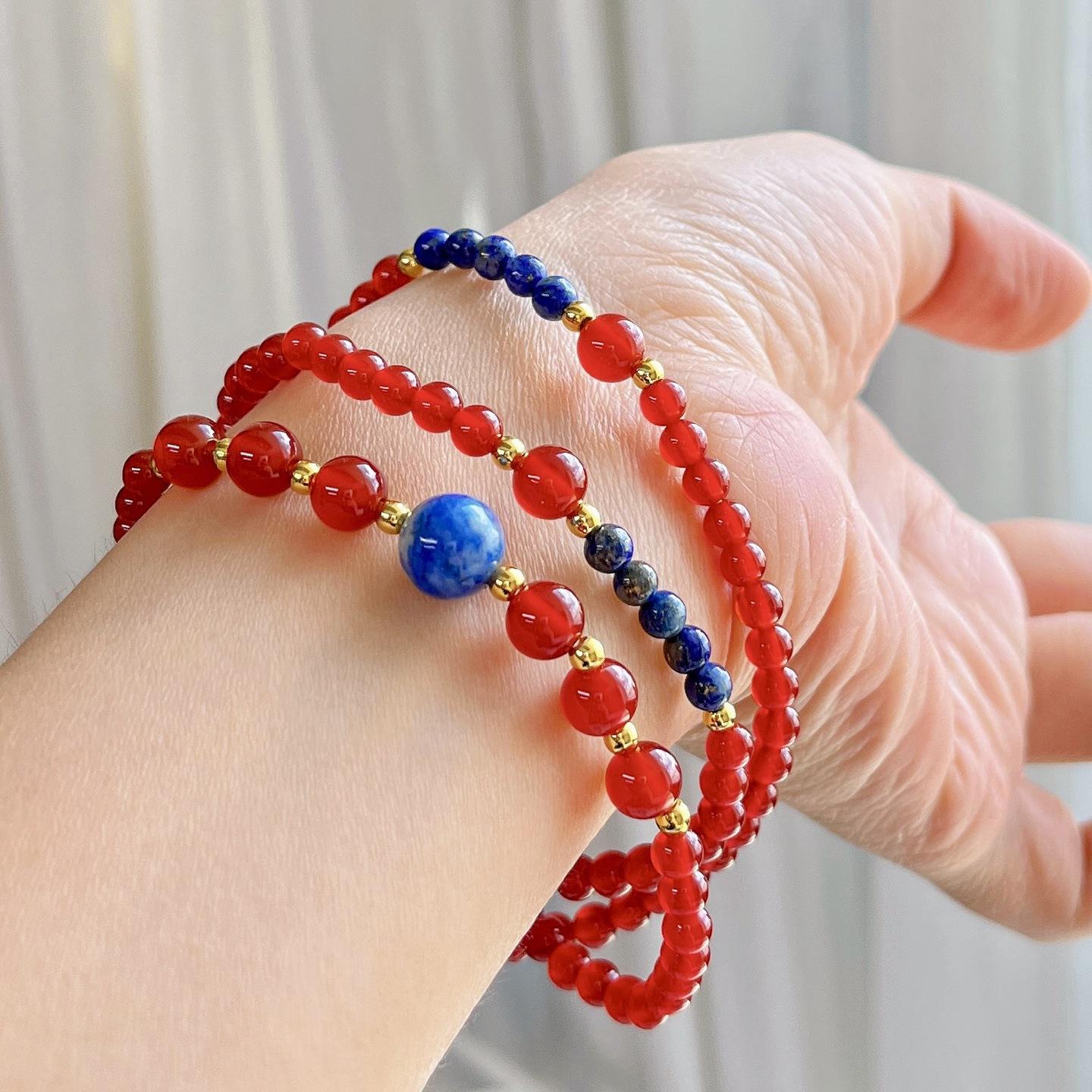 

4Mm New Year S Red Autumn And Winter Natural Ice And Water-Permeable Chalcedony Agate Lapis Lazuli Multi-Circle Bracelet Bracelet.