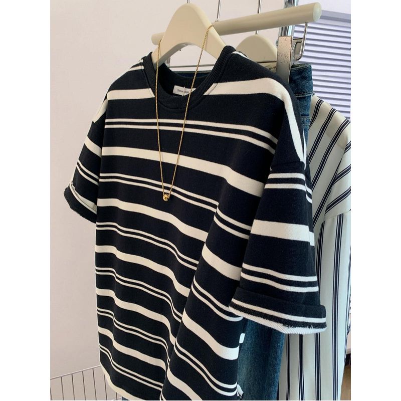 Plus Size 120.00kg Super Nice Black and White Stripe Short Sleeve T-shirt Women's Summer Loose Slimming Half Sleeve Chubby Girl Top Shirt
