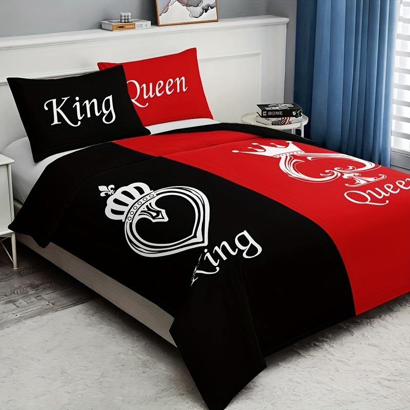 3-Piece Black And Red Crown Pattern Duvet Cover Set - Soft, Breathable, And Hypoallergenic Bedding For Bedroom And Guest Room