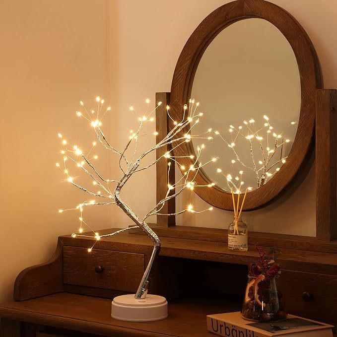 Bonsai LED Table Lamp with Pearl Gold Leaves & Silver Branches - Decorative Night Light & Christmas Tree Decor