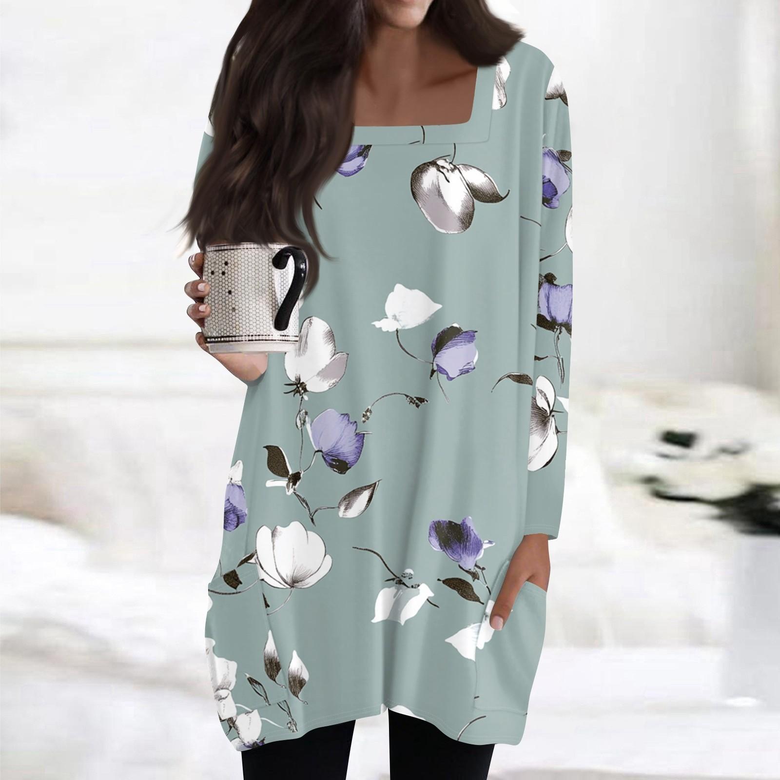 

Женские топы с квадратным вырезом и длинными рукавами, повседневные блузки средней длины, модные туники с принтом и карманами S