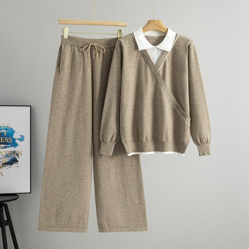 New Autumn and Winter Fake Two-piece Set: Women's Lapel Patchwork Color-blocking Sweater, Stylish and Youthful Wide-leg Pants
