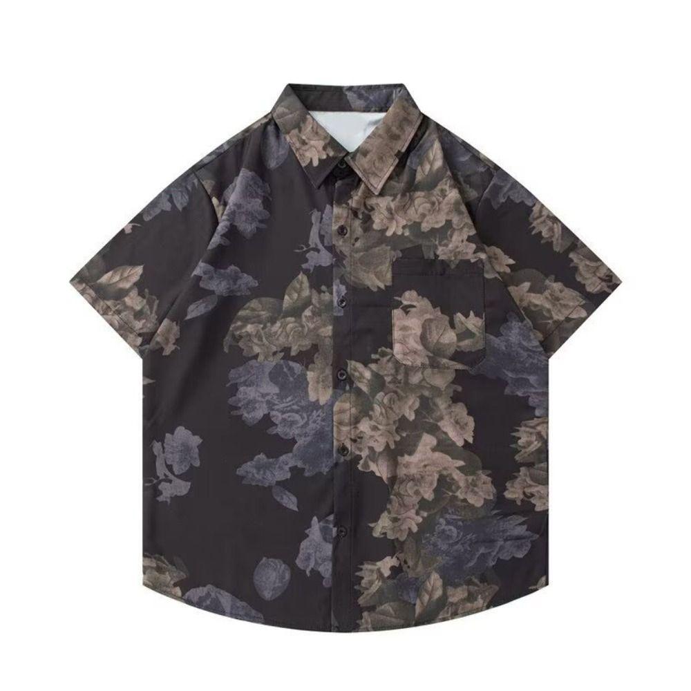Loose Beachwear Shirts Men V-neck Short Sleeve Shirts All Match Women Flower Blouse Summer