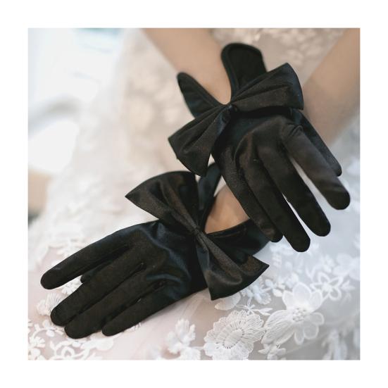 Satin Bride Gloves Short Tulle Wedding Gloves Sheer Wrist Gloves with Bow Faux Pearls for Prom Evening Opera Tea Party