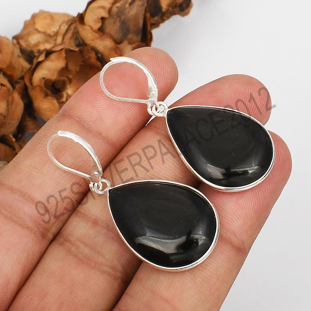 Black Onyx Pear Shape Earrings In 925 Sterling Silver Plated Handmade Dangle Jewelry Leverback Earrings