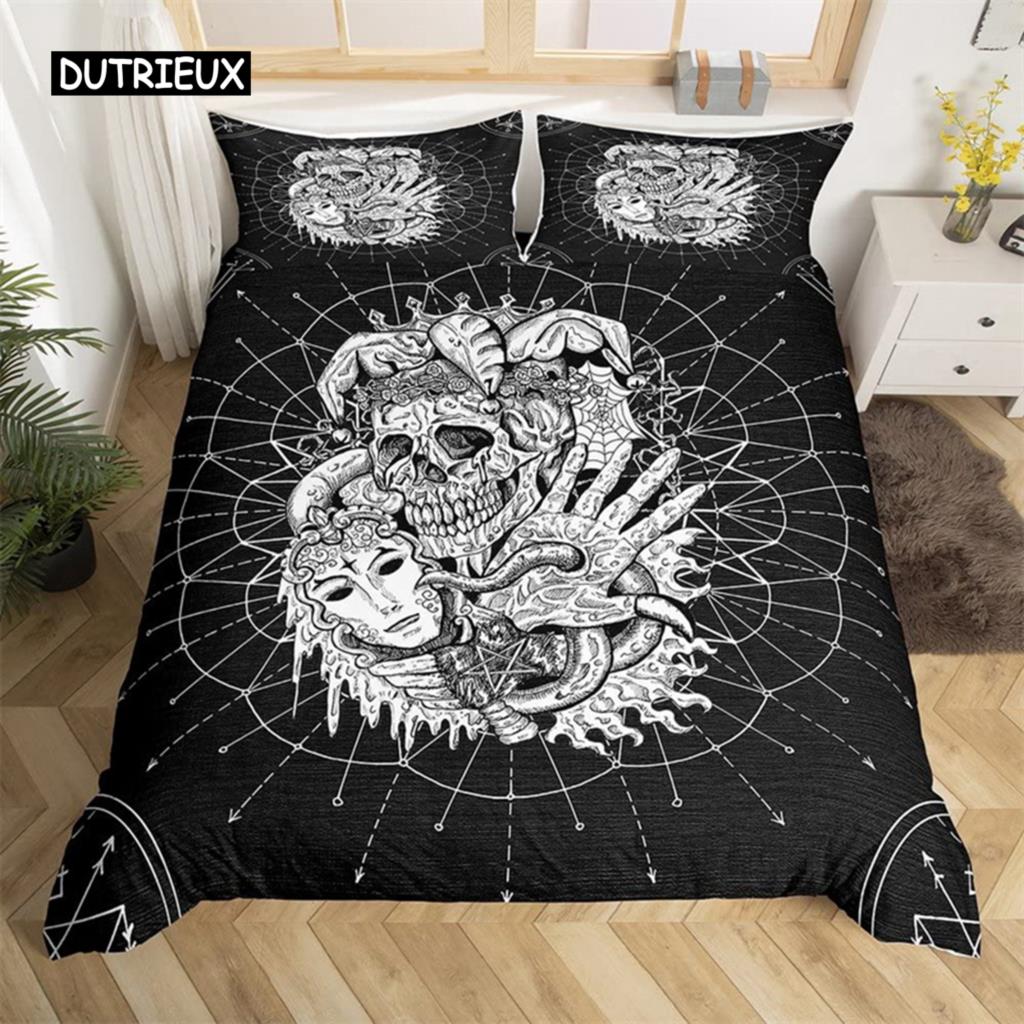 Skull Duvet Cover Set Queen Black Skeleton Paisley Floral Pattern Bedding Set for Teen Adult Polyester Halloween Comforter Cover