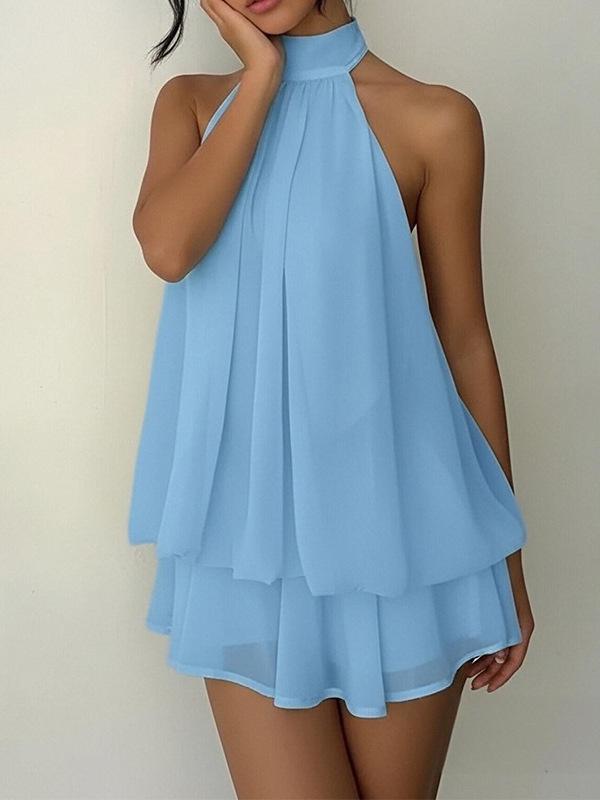 European & American Women's Backless Halter Strap Dress - Holiday Slim Fit with Puffy Short Skirt