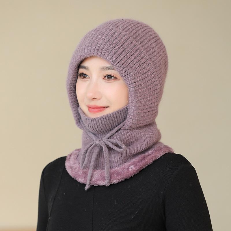 Rabbit Fur Hat Women's Winter Scarf Integrated Wool Cycling Ear Protection Piled Thickened Outdoor Pullover One-piece Hat