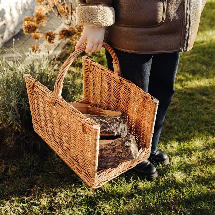 Panier à bûches - CREATIVE HOME - Cheminée - Osier 100% naturel - Poignées robustes - 45x30x47 cm
