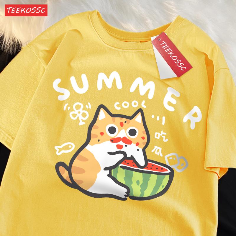 Eating Melons Oranges Cats Funny Catsprinted Mans T-Shirt Fitting Cool T Shirts Leisure Oversized Tee Shirt Pleasure Cotton Tops