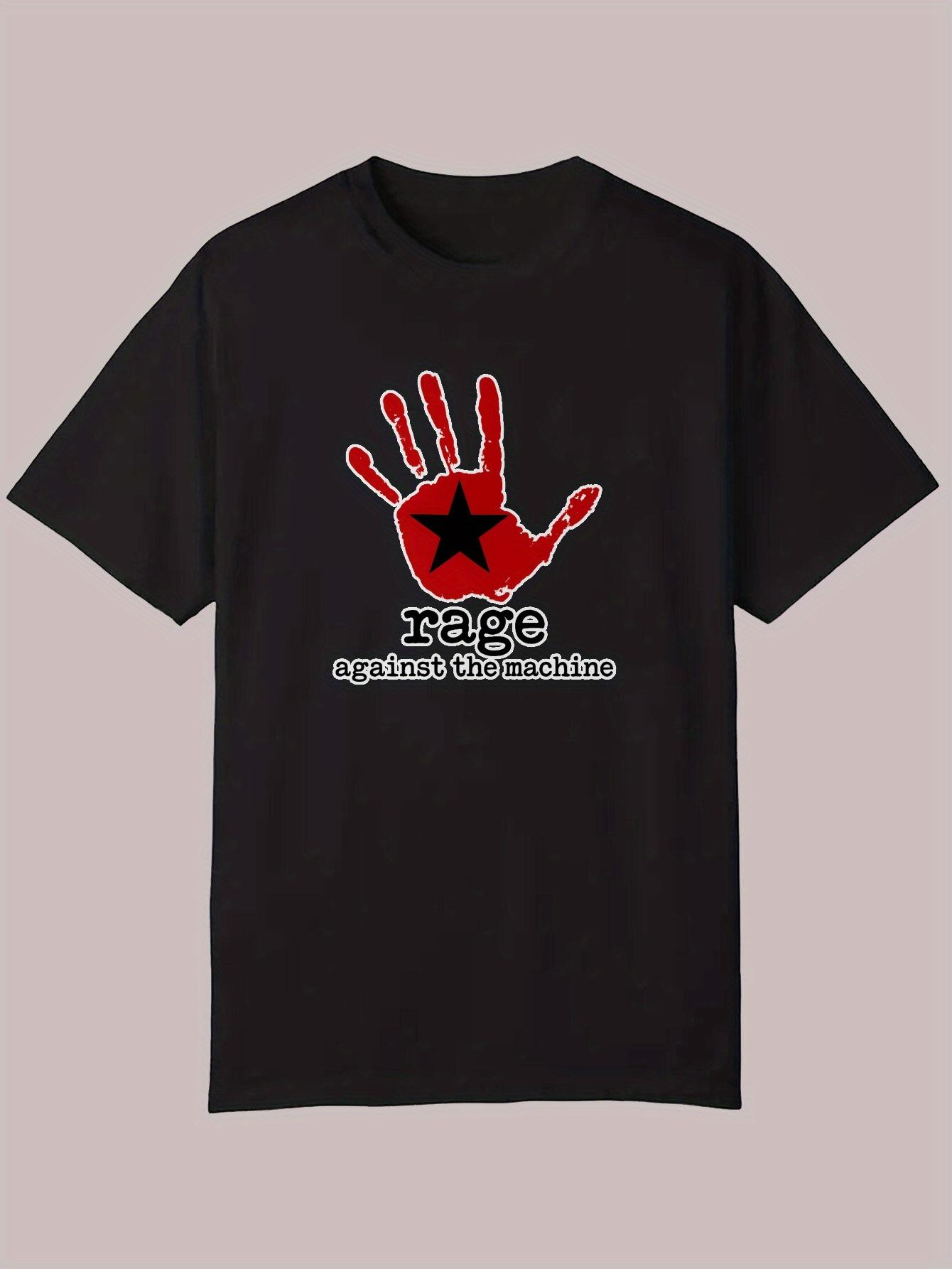 Summer Casual Graphic T-shirt - Black Rage Against the Machine Design with Red Handprint S