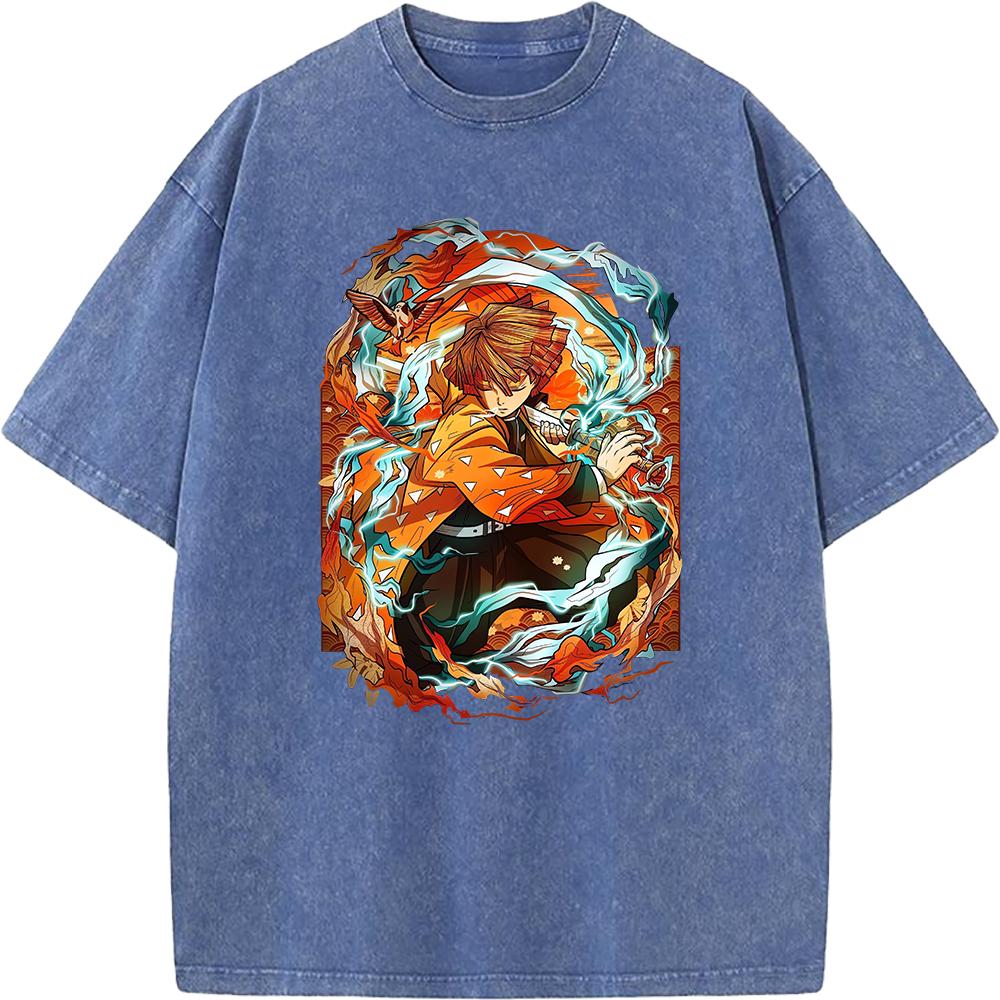 Agatsuma Zenitsu Graphic Washed T-shirt Demon Slayer Anime Clothing Men Women Cotton Tshirts Oversized Retro T Shirt Male Tops