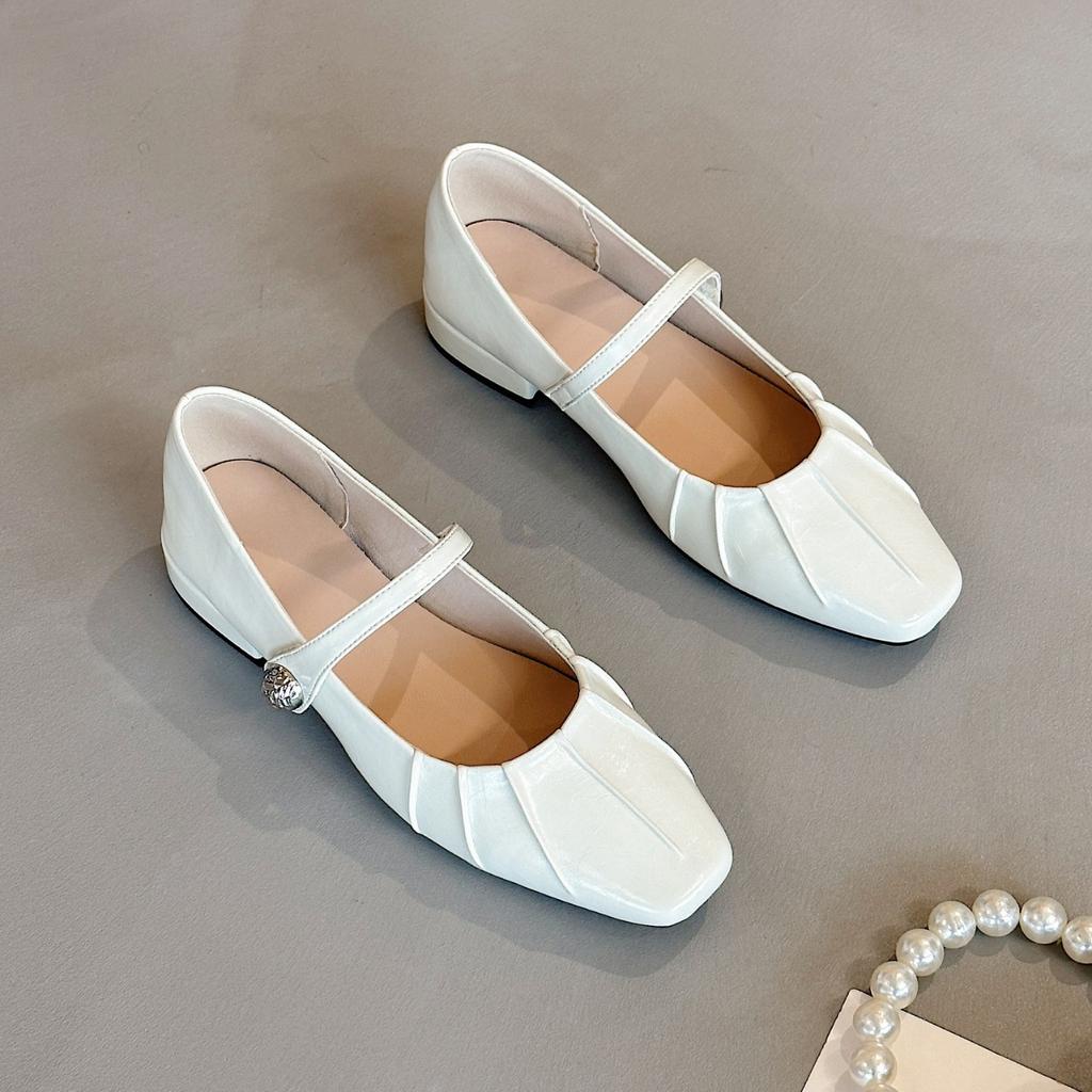 Internet Celebrity Square Head Low Heel Mary Jane Small Leather Shoes Women's 2025 New Summer Flat Bottom Foreign Style Versatile One Word Buckle Shoe