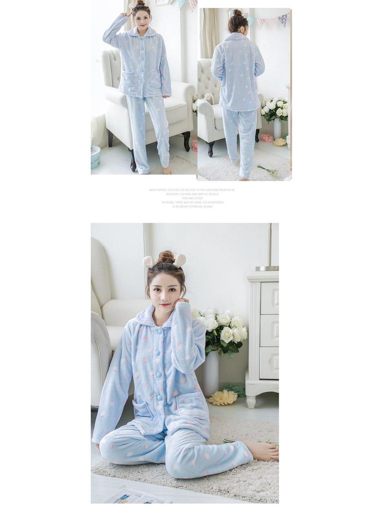 Women's Coral Fleece Pajamas: Warm, Thick Cardigan Lapel Homewear Set for Autumn and Winter