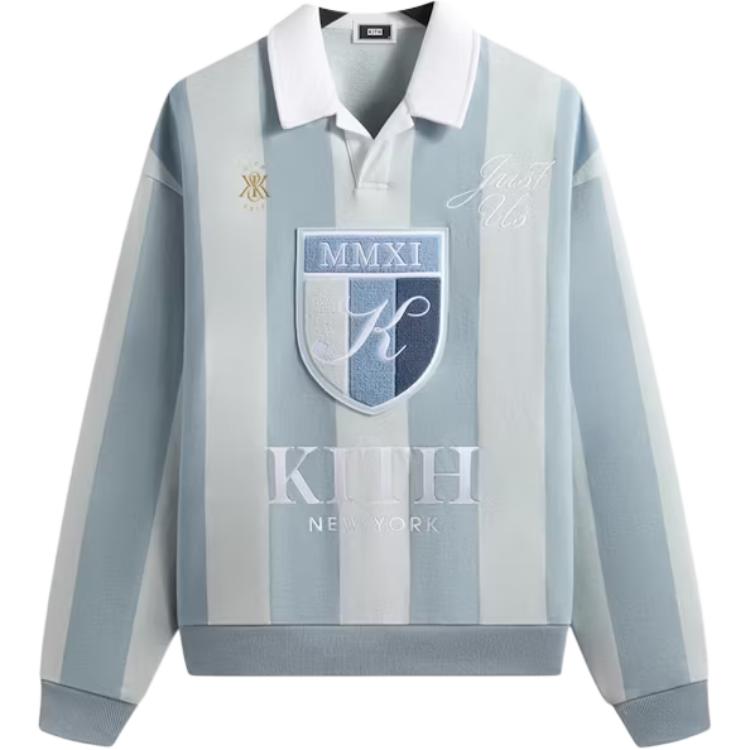 Kith Striped Logo Long Sleeve Polo Shirt Men tops Gray Blue KHM032995-469