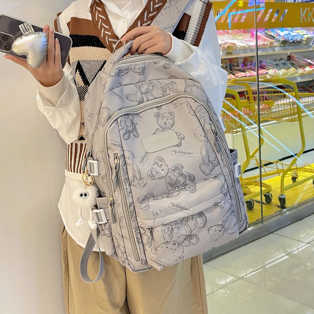 Women's Backpack Schoolbag for Teenage Girls Knapsack Student Bear Pattern Cute Multi-pocket Woman BookBag