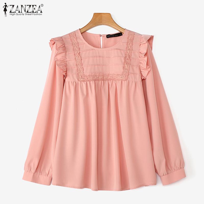 ZANZEA Women Vintage Round Neck Ruffled Long Sleeve Striped Blouses