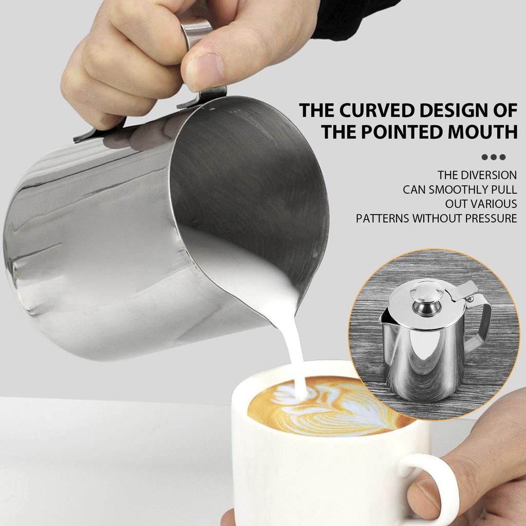 Praktischer Edelstahl-Milchaufschäumer mit Deckel Espresso Kaffee Cappuccino Milch Sahne Tasse Aufschäumkrug