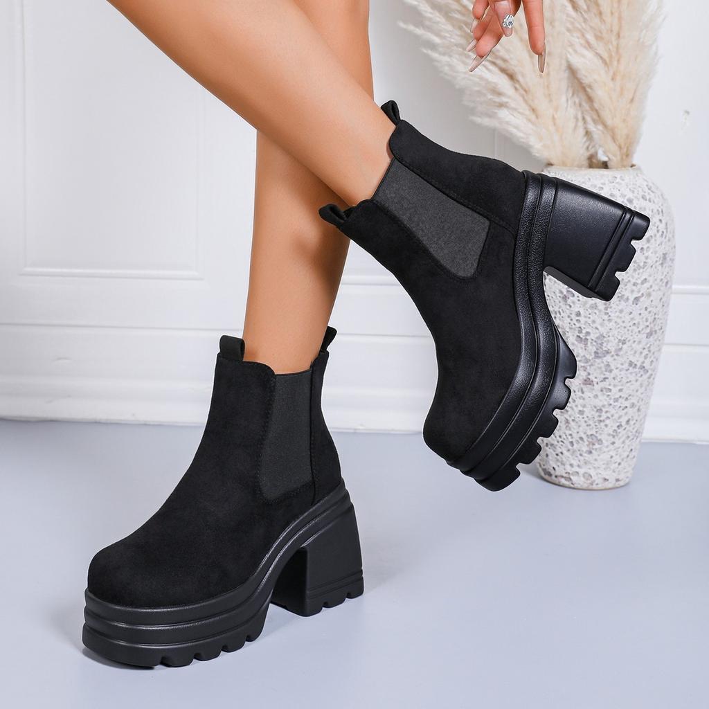Women's Ankle Boots Platform Shoes Block Heels Womens Boots Solid Colors Women Pumps Sexy Leather Boots Square Toe Botas