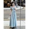 French Blue Square Neck Short-sleeved Dress, Women's Summer New Models, Popular This Year, Waist Pinch Dress